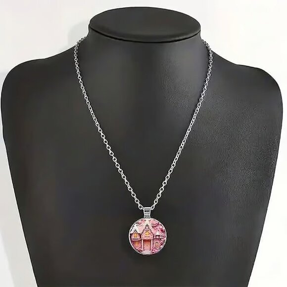 Silver PINK VICTORIAN CHALET Castle Cabochon Pendant Necklace - Picture 2 of 3